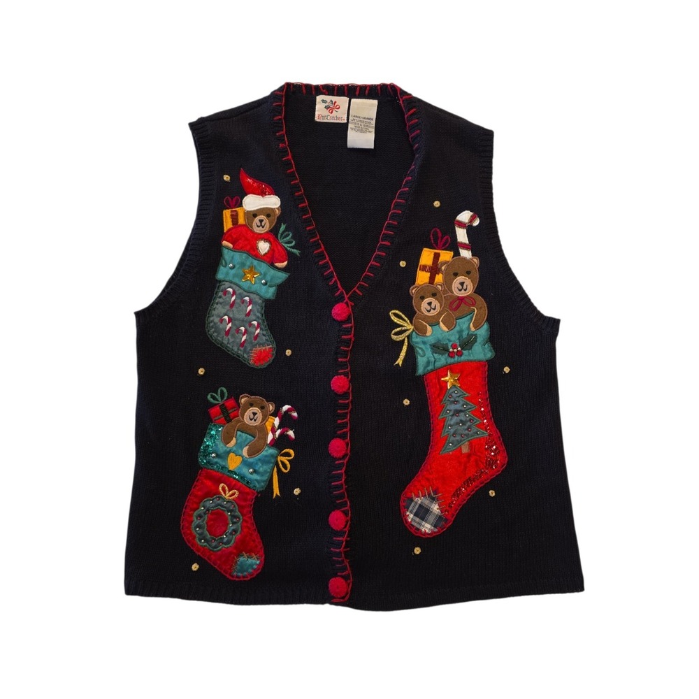 Nutcracker Teddy Bear Christmas Sweater Vest Womens Large Embellished